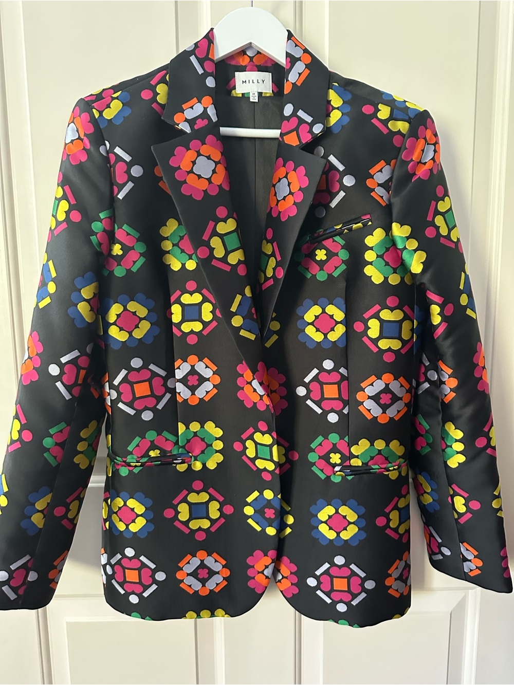 Milly Black Blazer with Bright Multi-Color Geo Print medium excellent new cond